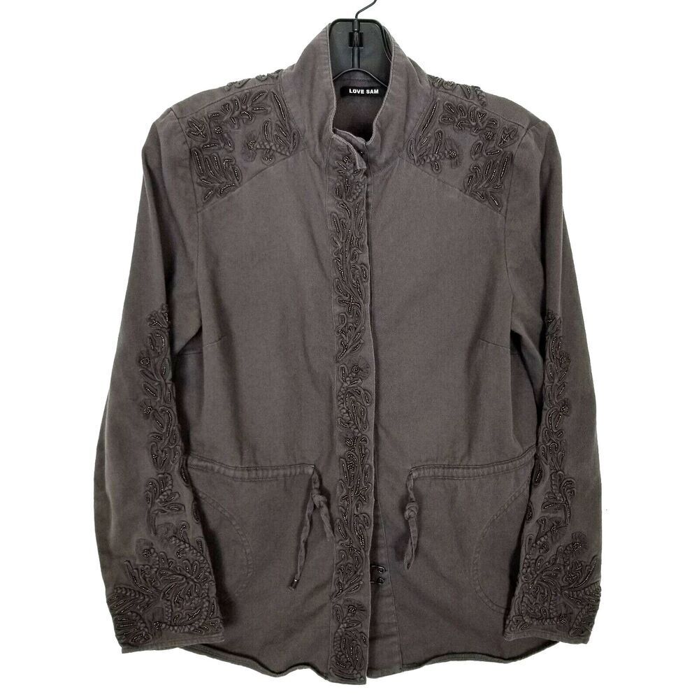Love Sam Anthropologie Beaded Embroidered Jacket Sz S Brown Ribbon Cotton Boho